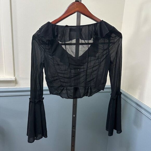 Urban Outfitters Semi Sheer Ruffle Trim Bell Sleeve Cropped Cardigan Shrug Size - Picture 5 of 5